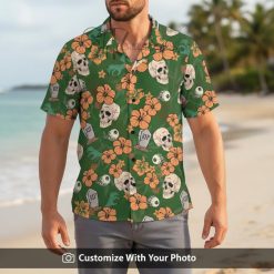 halloween skeleton aloha shirt green with skulls worn by man at beach bbq