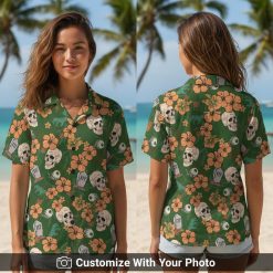 halloween skeleton aloha shirt with skulls and tombstones on woman at beach