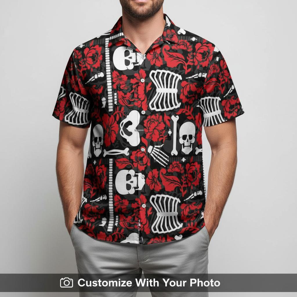 Halloween Skeleton Shirt Men's Photo Custom Skull & Floral Print ALT: Confident man wearing vibrant red Hawaiian shirt at outdoor party social event