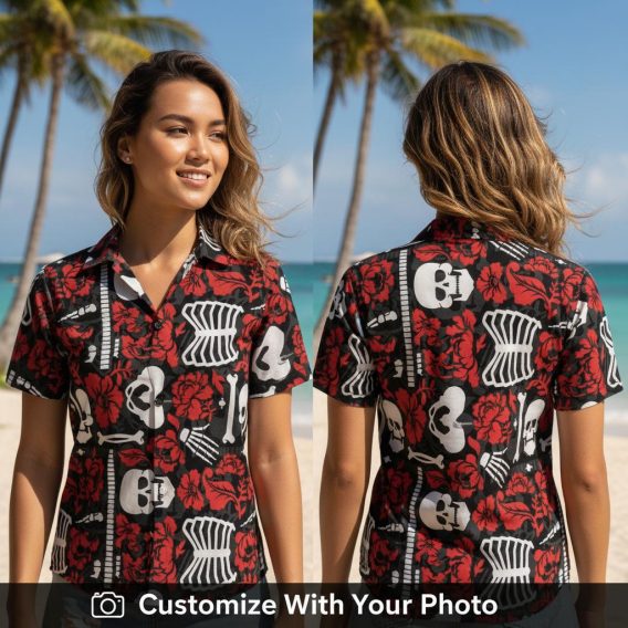 Woman wearing Halloween skeleton shirt with red floral skull design and dark background
