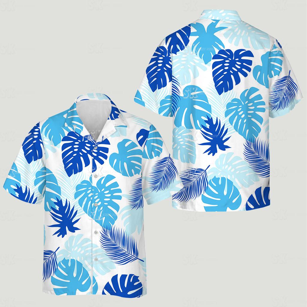Hawaiian button down shirt women's with monstera palm leaves blue tropical pattern design