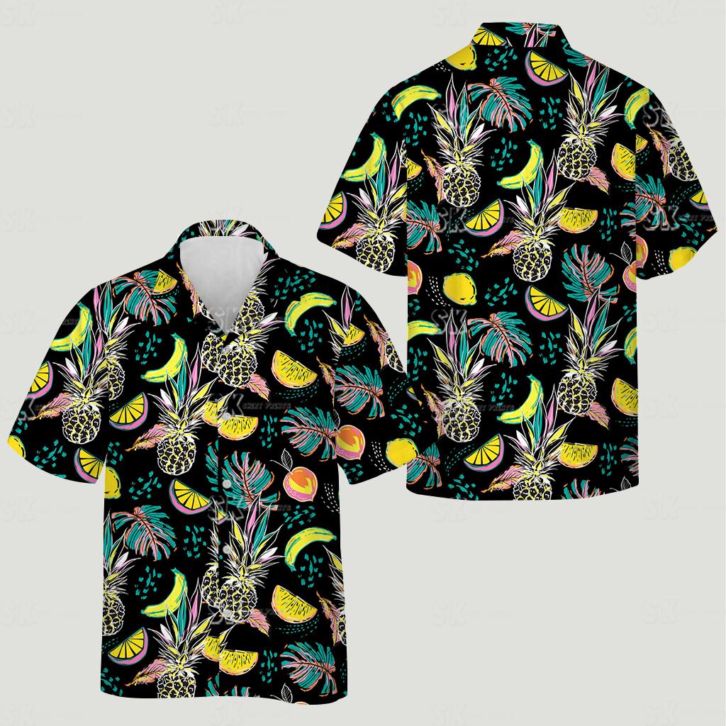 hawaiian print shirt womens style featuring tropical fruit and leaf patterns on black
