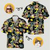 hawaiian print shirt womens with black background, cat and face images, and pineapples