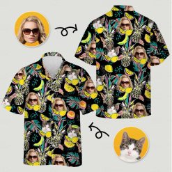 hawaiian print shirt womens with black background, cat and face images, and pineapples