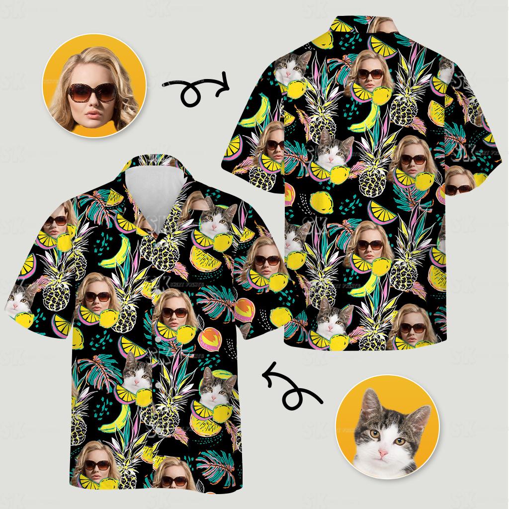 hawaiian print shirt womens with black background, cat and face images, and pineapples