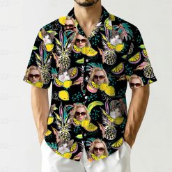 hawaiian print shirt womens with cat faces, sunglasses, pineapples and tropical leaves