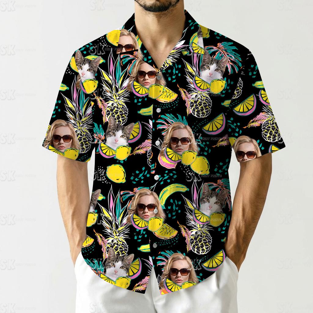 hawaiian print shirt womens with cat faces, sunglasses, pineapples and tropical leaves