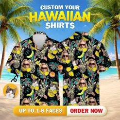 hawaiian print shirt womens covered in pineapples, citrus fruit, leaves, and faces