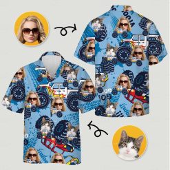 Monster trucks faces with sunglasses cats scattered across hawaiian shirt car pattern