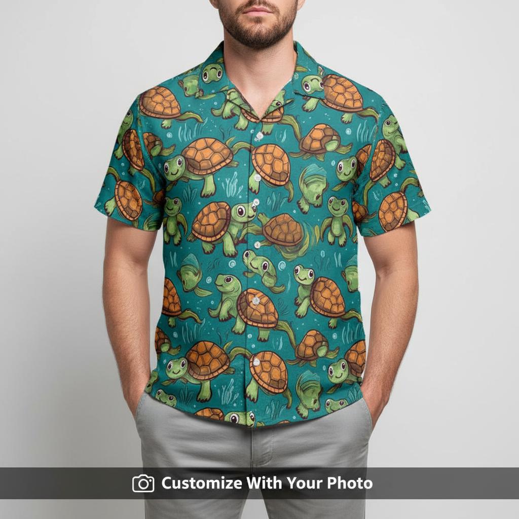 Hawaiian shirt with cartoon turtle face print worn by man at beach event