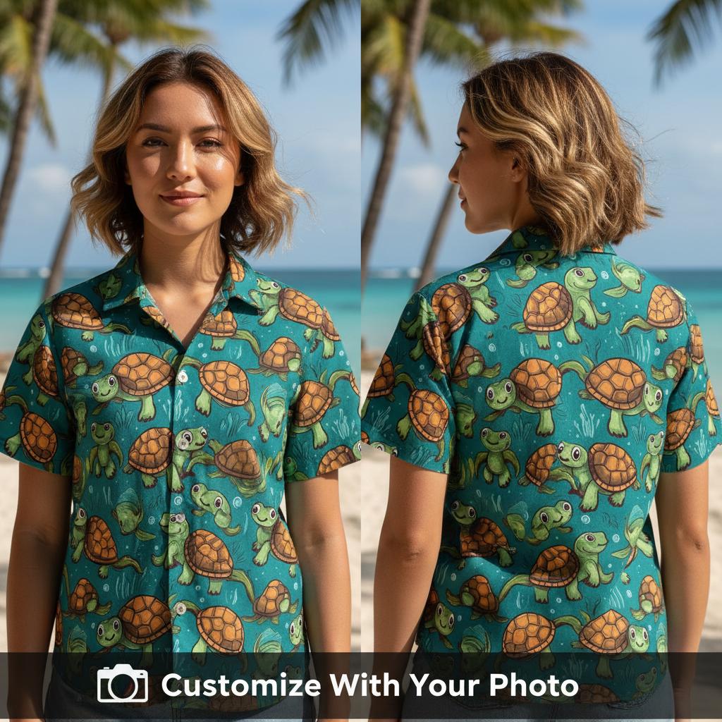 Hawaiian shirt with cartoon turtle face print worn by woman at the seaside
