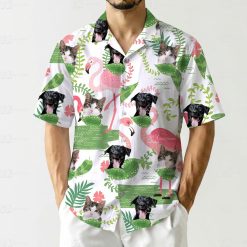 Tropical shirt showing hawaiian shirt with cat face alongside dog faces and flamingos