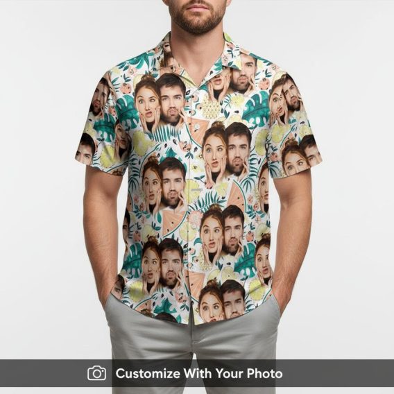 Hawaiian shirt with dog face print worn by man, tropical watermelon pattern, at the beach