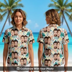 Hawaiian shirt with dog face print worn by woman, blue and peach collage, beach sunset