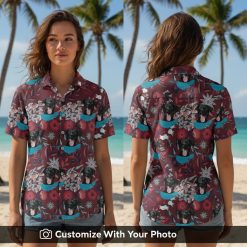 hawaiian shirt with dog print maroon florals worn by woman at beach