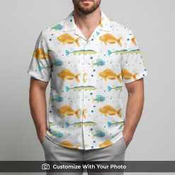 hawaiian shirt koi fish orange blue worn by man at sunny beach