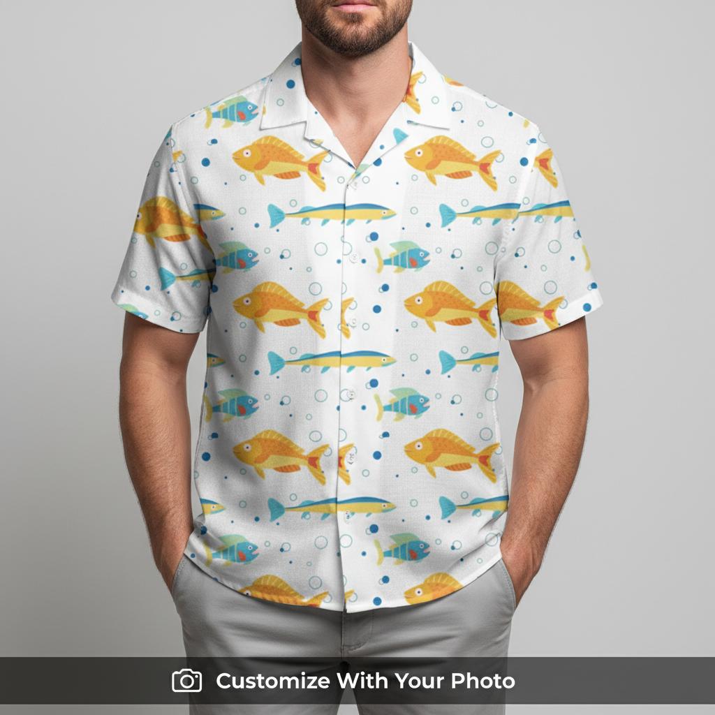 hawaiian shirt koi fish orange blue worn by man at sunny beach