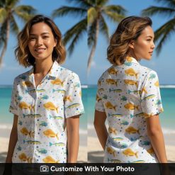 hawaiian shirt koi fish orange blue worn by woman at sunny beach