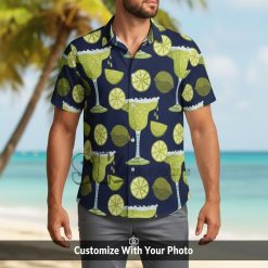 hawaiian shirt margarita print worn by man at golden hour beach outing