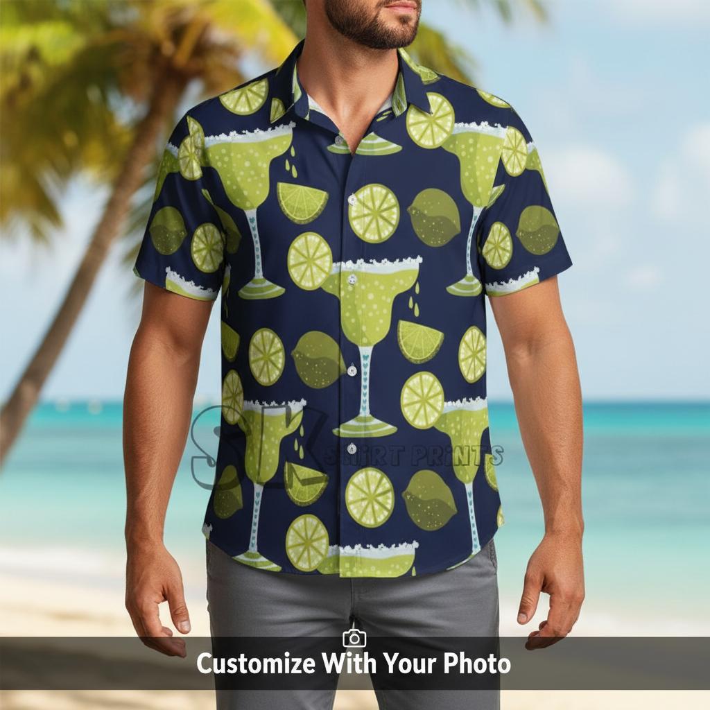 hawaiian shirt margarita print worn by man at golden hour beach outing