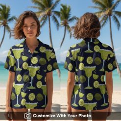 hawaiian shirt margarita print worn by woman at sunset beach party