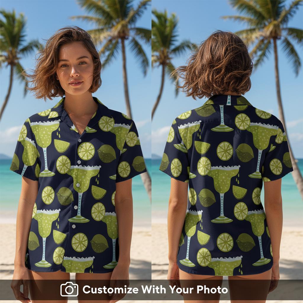 hawaiian shirt margarita print worn by woman at sunset beach party
