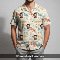 Man wearing dinosaur skeleton Hawaiian Aloha shirt with custom face design