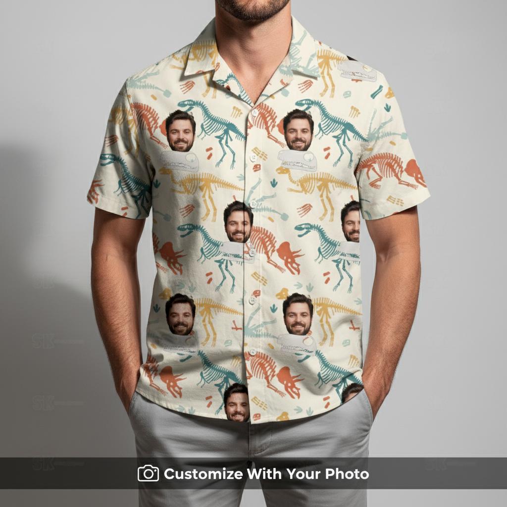 hawaiian aloha shirts mens — dinosaur bones tropical pattern custom photo