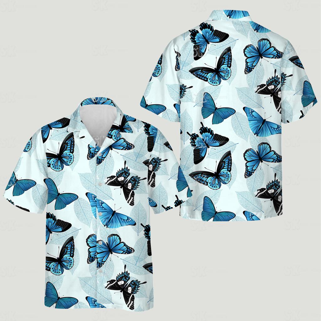 Detail mens hawaiian cat shirt displaying blue black butterflies with leaf motif background pattern