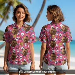 Hawaiian shirt with monkey face print worn by woman at the beachside sunset