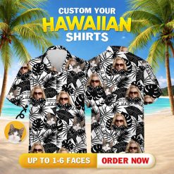 Hawaiian shirt outfit women with repeated faces and large black and white tropical leaves