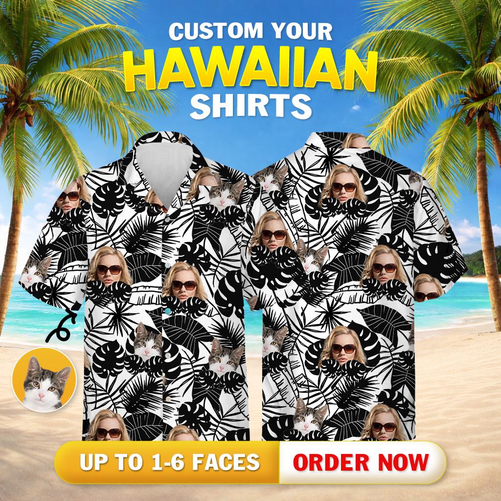 Hawaiian shirt outfit women with repeated faces and large black and white tropical leaves