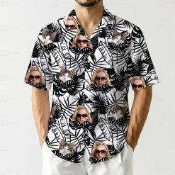 hawaiian shirt outfit women with black and white tropical leaves pattern, faces, and cats