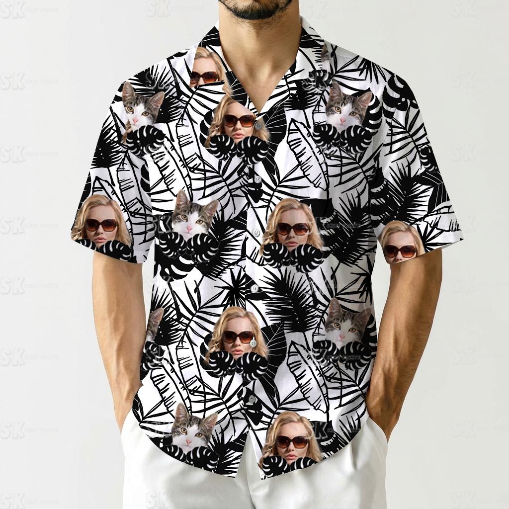 hawaiian shirt outfit women with black and white tropical leaves pattern, faces, and cats