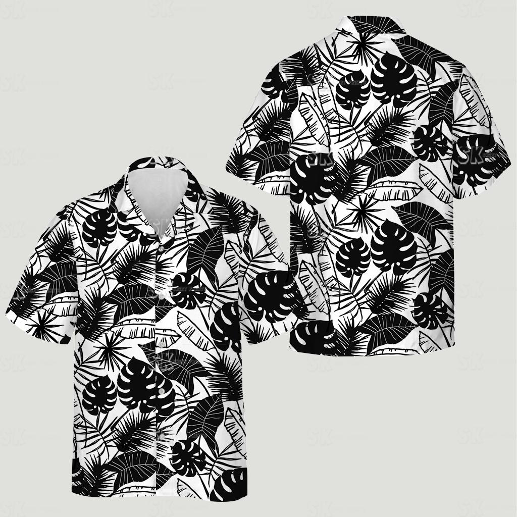 hawaiian shirt outfit women in black and white with Monstera and palm frond pattern