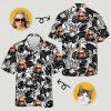 Hawaiian shirt outfit women with tropical leaves, sunglasses woman's face, and cat face pattern