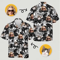 Hawaiian shirt outfit women with tropical leaves, sunglasses woman's face, and cat face pattern