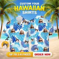 Hawaiian shirt outfit women featuring stylized blue leaves with woman sunglasses cat faces
