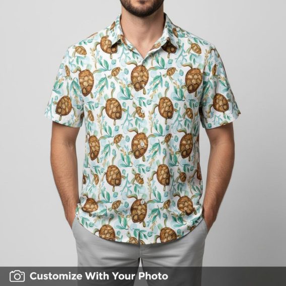 Hawaiian shirt with brown sea turtle face print worn by man under bright sun