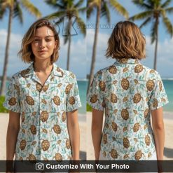 Hawaiian shirt with brown sea turtle face print worn by woman on a sunny beach