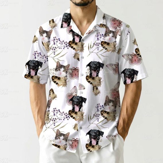 Botanical hawaiian shirt with cat face mixed among dog faces leaves and flowers