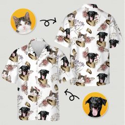 Playful hawaiian shirt with cat face showing dog butterflies and botanical prints