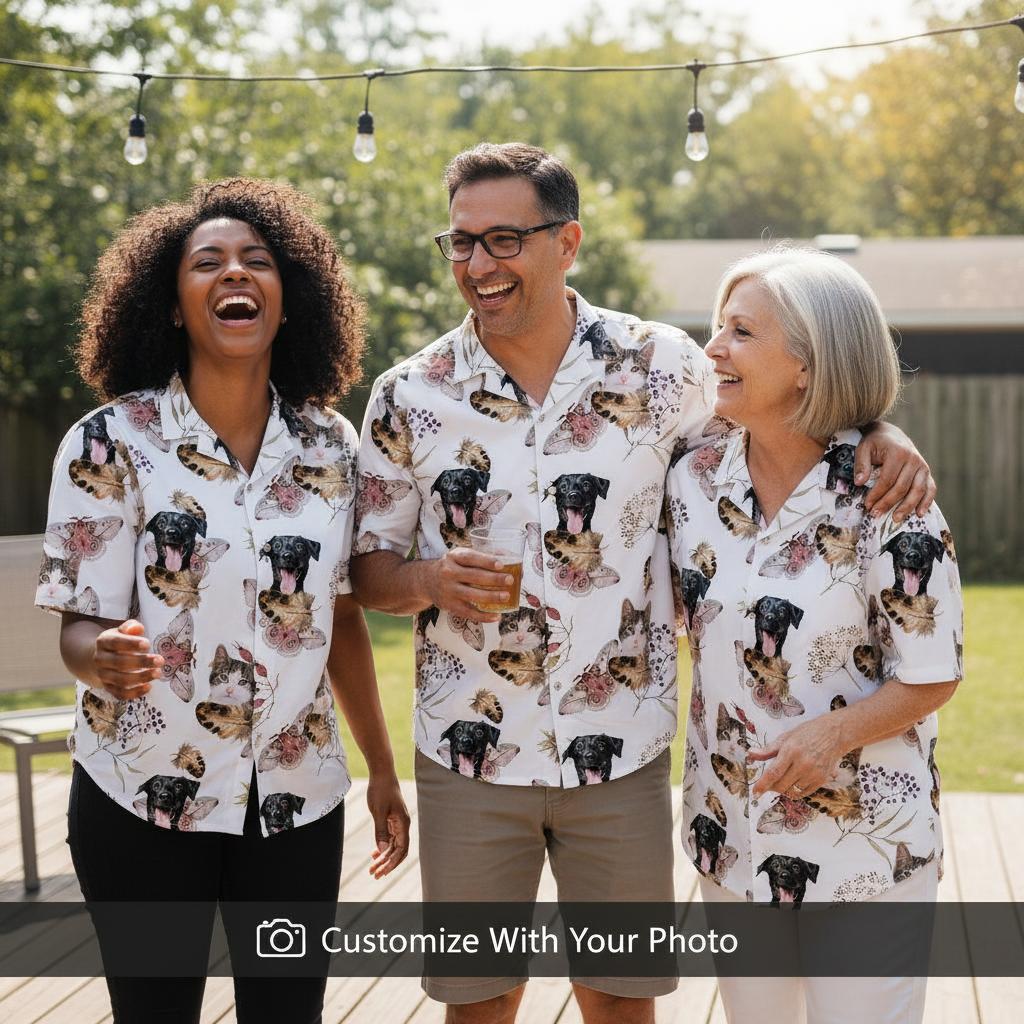 Group wearing matching hawaiian shirt with cat face at backyard BBQ party