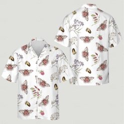 Watercolor hawaiian shirt with cat face featuring moths bees and berry illustrations