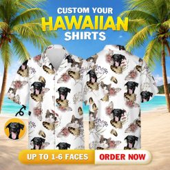 White hawaiian shirt with cat face showing dog portraits moths and floral elements