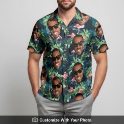 Hawaiian shirt with dog face print worn by man featuring sunglasses and pink blooms outdoors