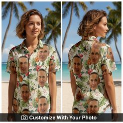 Hawaiian shirt with dog face print worn by woman among palm leaves at beach