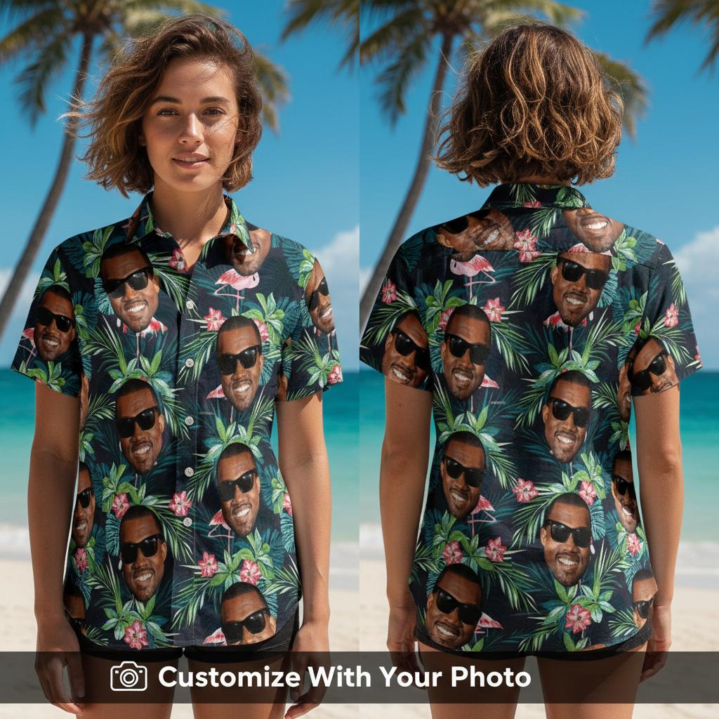 Hawaiian shirt with dog face print worn by woman among tropical leaves at sunset beach