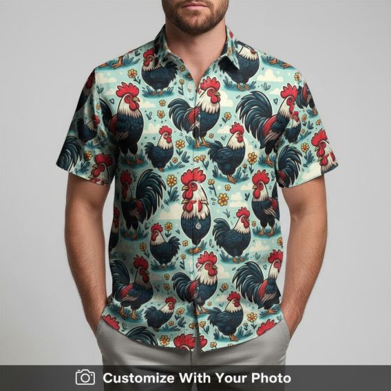 Hawaiian shirt with rooster face print worn by man in light blue at outdoor picnic