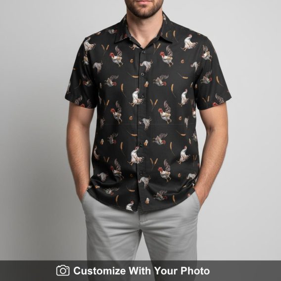 Hawaiian shirt with black rooster face print worn by man outside on a sunny day